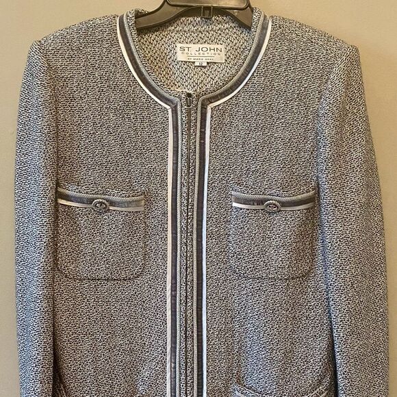 St. John Collection Marie Gray Blazer Jacket Gray Metallic Silver Accent Size 12 - Picture 2 of 7
